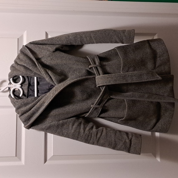twik Jackets & Blazers - twik Gray Hooded Belted Wool-Blend Coat